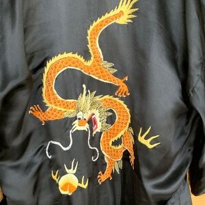 Black 100% silk embroidered robe with dragon